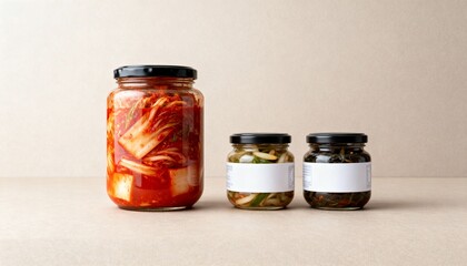 Assorted Korean banchan in glass jars—spicy napa cabbage kimchi with pickled veg and seaweed—minimal label mockups on a neutral backdrop.
