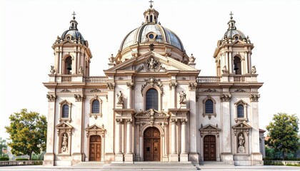 Fototapeta premium A realistic baroque basilica church with large dome, decorative carvings, and grand entrance isolated on white background 