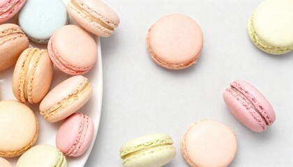 Pastel French macarons on a light backdrop—colorful almond meringue cookies with creamy fillings, styled minimal for a delicate dessert treat.
