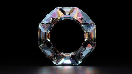 An octagon shape composed of angled clear cut crystal, iridescent light glints against black backdrop