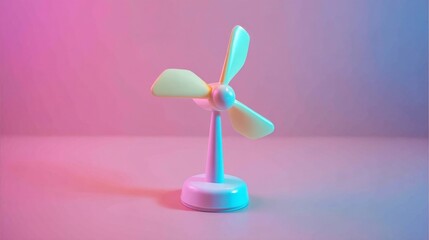 A sleek handheld desk fan emits modern lighting effects with neon colors against a pastel background,