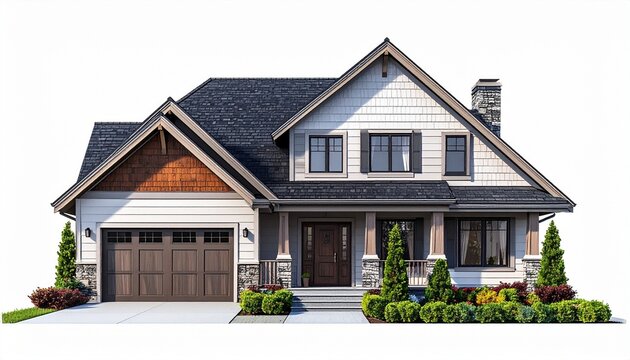A realistic ranch style house with long low roofline, garage, and wide windows isolated on white background
