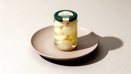 Jar of pickled pearl onions on a neutral plate against a dark backdrop—crisp, tangy garnish for snacks, salads, and Gibson martinis.
