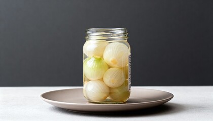 Jar of pickled pearl onions on a neutral plate against a dark backdrop—crisp, tangy garnish for snacks, salads, and Gibson martinis.
