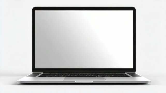 Sleek open laptop with blank white screen, photographed front view, on clean white background, concept of workspace or technology mockup