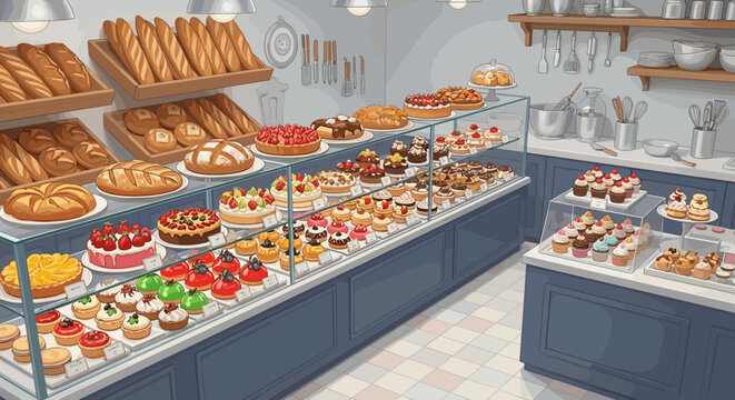 Vector art of a bakery display case filled with a variety of fresh bread, cakes, pastries, and cupcakes