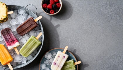 Colorful fruit popsicles on ice with a lime wedge—refreshing summer treats in berry, mango and creamy swirls on a cool gray backdrop.

