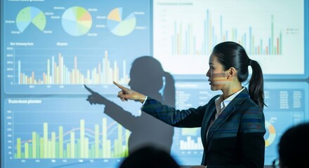 Confident businesswoman expertly presenting financial data and growth charts on a large projection screen to an engaged audience