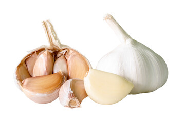 Side view of garlic bulbs with half and cloves in heap isolated with clipping path in png file...