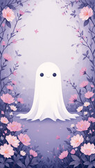 Adorable Kawaii Ghost Character Surrounded by Pink Flowers in Enchanted Garden Fantasy Illustration Whimsical Pastel Cute Artwork