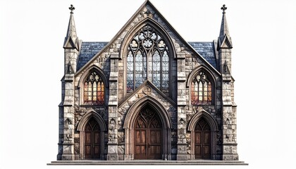 A realistic gothic revival style church with tall stained glass windows, arched doors, and stone texture isolated on white background