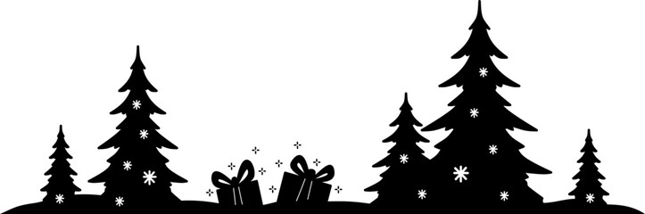 Christmas Tree with Gift Silhouette Outline Border Illustration