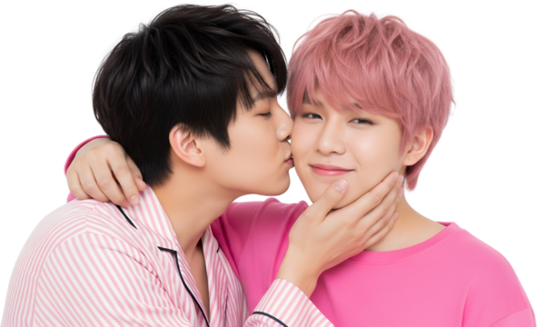 Two young men one with dark hair kissing another with pink hair on the cheek both wearing pajamas Man Couple Affection Tenderness Love Relationship Male