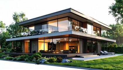A realistic modern glass house with large windows, flat roof, and minimalistic architecture isolated on white background

