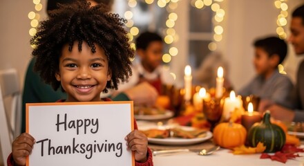 Smile curly black boy holding a sign with the inscription "Happy Thanksgiving". Happy african american family celebrating Thanksgiving. Holiday concept. Traditional turkey dinner.