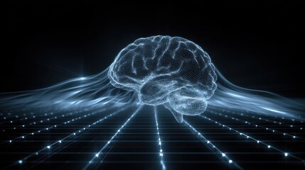 Futuristic Digital Representation of Brain with Abstract Data Flow and Grid Background in Dark Environment