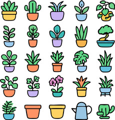 Colorful Cartoon Plants in Pots.