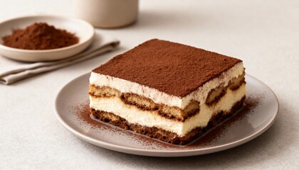 Delicious slice of classic Italian tiramisu with layers of creamy mascarpone, coffee-soaked ladyfingers, and cocoa powder topping. 
