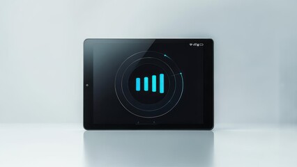 Tablet displays signal bars on a dark interface, sitting on a white surface, neutral background