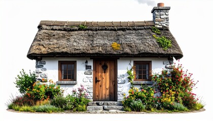 A realistic small stone cottage with wooden door, thatched roof, and chimney isolated on white background

