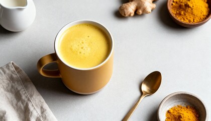 Golden turmeric latte in a yellow mug with ginger, turmeric powder, and milk on a light background, creating a warm and cozy feel. 
