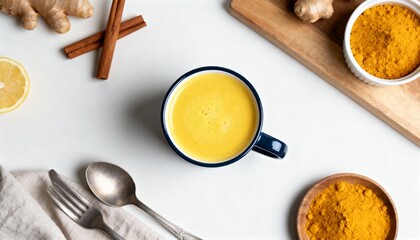 Golden turmeric latte in a yellow mug with ginger, turmeric powder, and milk on a light background, creating a warm and cozy feel. 
