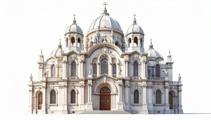 Obraz premium A realistic baroque style cathedral with domes, intricate carvings, and arched windows isolated on white background 