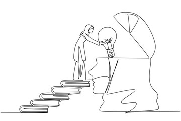 Continuous one line drawing Arab woman walks carry big lightbulb towards silhouette of head with open top. Mind washing. Clean. National Creativity Day. Single line draw design vector illustration