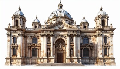 Obraz premium A realistic baroque style cathedral with domes, intricate carvings, and arched windows isolated on white background 