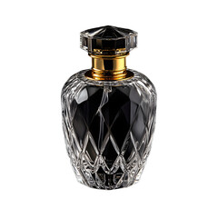 Elegant Luxury Fragrance Bottle with Golden Cap on Black Background
