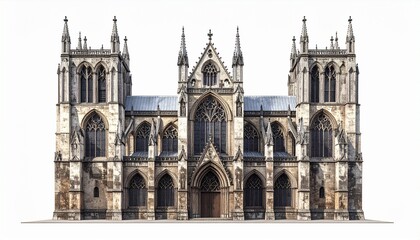 Fototapeta premium A realistic gothic cathedral with flying buttresses, tall windows, and ornate spires isolated on white background 