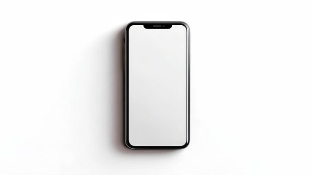 Sleek black smartphone with empty screen placed on white surface, photographed from above, representing technology or app mockup concept