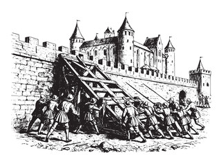 Fototapeta premium Siege Tower Assault Vintage Engraved Battle Scene Illustration Vector