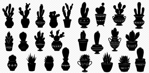 Collection of black silhouettes of various potted cacti and succulents, isolated on transparent background.