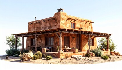 A realistic desert adobe house with flat roof, clay walls, and wooden beams isolated on white background
