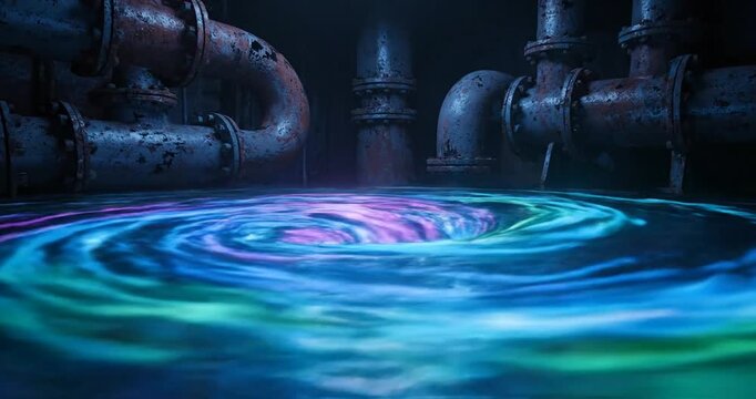 Observing a vibrant swirling water pattern illuminated in blues and pinks within an industrial pipe chamber, captured as a mysterious motion scene