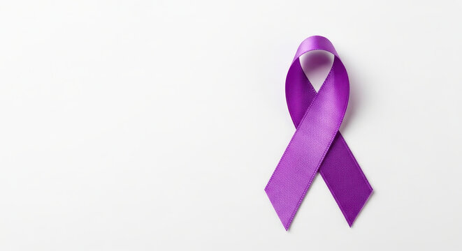 Elegant purple ribbon symbol on white background promoting awareness and support