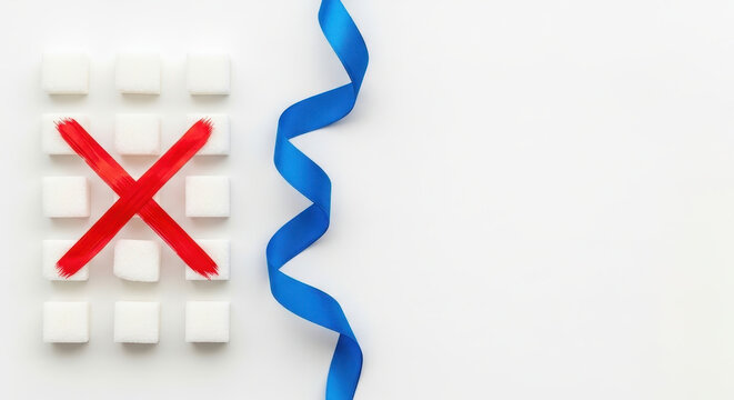 Sugar cubes with red cross and blue ribbon on white background concept image