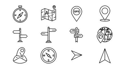 Navigation and Location Outline Icons for Maps and Travel