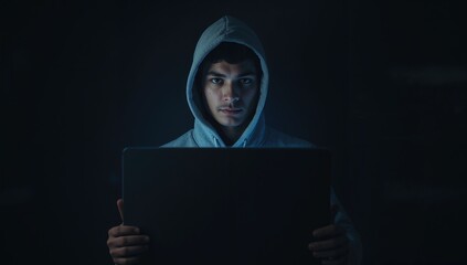 Hacker in dark setting wearing hoodie holding blank laptop screen with face partially obscured by shadows highlighting cybersecurity themes and technology risks