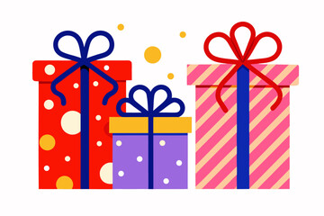 Colorful Festive Gift Boxes Illustration with Polka Dot and Striped Patterns, Vector Design