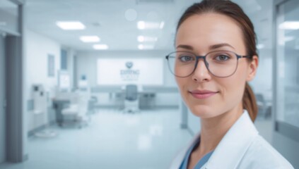 Fototapeta premium Medical professional in a modern hospital setting with blurred background featuring medical equipment and office spaces, focused on the subject wearing glasses and a lab coat.