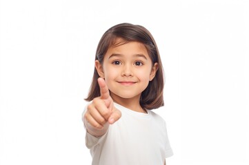 smiling young girl with brown hair pointing finger towards the camera wearing a plain white t-shirt against a clean white background