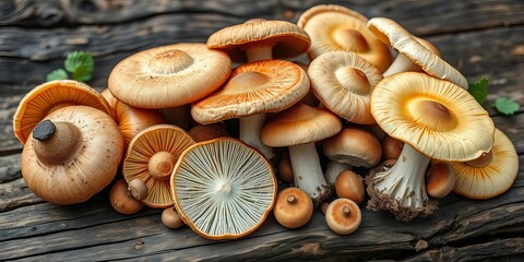 Close-up of diverse edible mushrooms on rustic wood,  porcini,  macro