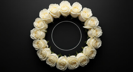 Elegant white rose wreath on black background with copy space floral design