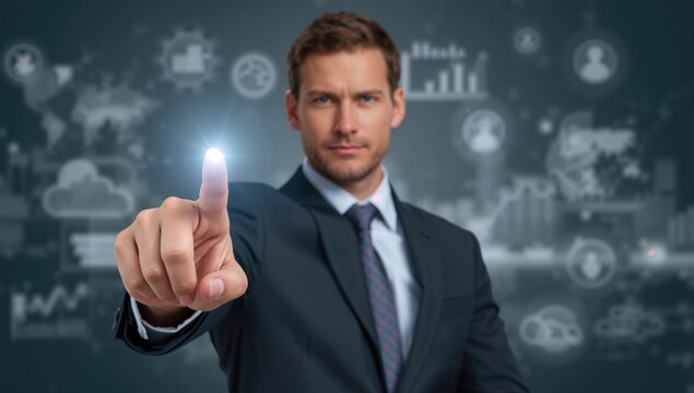 businessman in formal attire pointing finger forward with digital graphs and business icons in background representing innovative business ideas and technology concepts