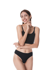 Woman with slim body on white background