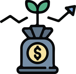 Investment Growth Illustration A Money Bag Symbolizes Financial Investments Growing Like a Plant with an Upward Trending Arrow