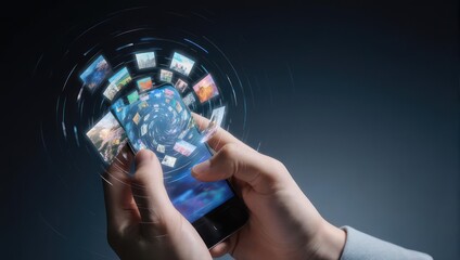 Human hands holding a smartphone with a virtual display of floating, swirling imagery