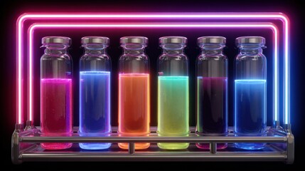Colorful Glass Vials with Neon Lighting and Fluorescent Liquid in Dark Background